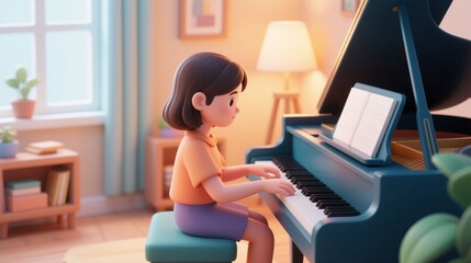 Playful 3D cartoon illustration of a girl learning to play the grand piano in a cozy room. Concept of music education, childhood hobby, and creative skill development.