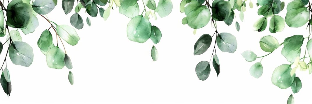 Green Botanical Leaves Forming Delicate Border Element in Soft Watercolor Tones
