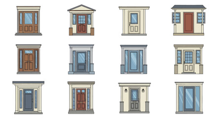 Obraz premium Illustrated collection of various house front doors and porches.