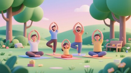 Soft 3D claymation style illustration of a community group with family and children practicing yoga in a park. Concept of wellness, mindfulness, and mental health.