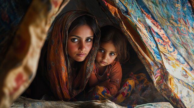 Happy mother and young daughter enjoying playtime together inside colorful tent at home
