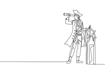 Single continuous line drawing pirate stands holds steering wheel uses monocular to monitoring. Observing navigation. Leading to gold. Do not Give Up the Ship Day. One line design vector illustration