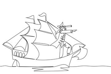 Single one line drawing pirate stands on a sailboat using a monocular while monitoring. Pirates prepare to devour other ships. Do not Give Up the Ship Day. Continuous line design graphic illustration