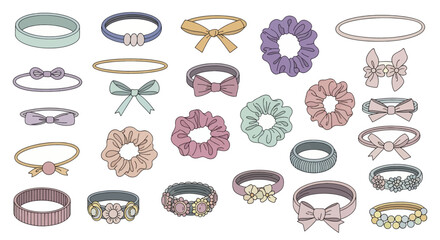 Set of cute cartoon hair accessories including scrunchies and hair ties.