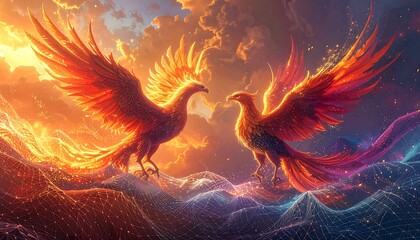 Two Majestic Phoenixes Soaring In The Sky Amongst Fiery Clouds