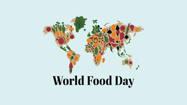 Vector art of world food day concept with a world map composed of various fresh fruits and vegetables, symbolizing global food availability and diversity