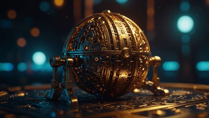 Futuristic Golden Artifact with Glowing Crystal Orb_11