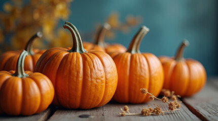Bright orange pumpkins on wooden table with blurred background, symbolizing harvest, autumn decor and seasonal celebration
