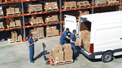 Warehouse workers loading a van with boxes using a pallet jack and forklift - Powered by Adobe