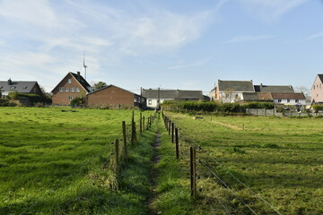 Chemin &eacute;troit entre deux cl&ocirc;tures d&eacute;limitant les p&acirc;tures &agrave; Ghislenghien (Ath)
