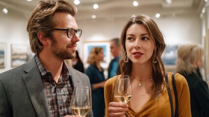 Art Gallery Romance: A captivating scene unfolds within an art gallery, where an elegantly dressed couple share a intimate moment. - Powered by Adobe