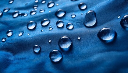 rain droplets on a blue waterproof fabric background close up