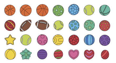 Set of colorful cartoon balls for sports and play Vector illustration collection of various game equipment and shapes isolated on white.