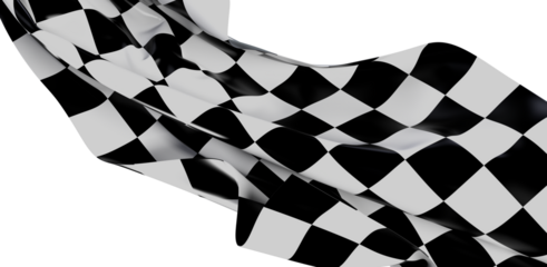 A close-up of a waving checkered flag isolated on white. This is the classic symbol for racing competitions and the finish line. The waving flag