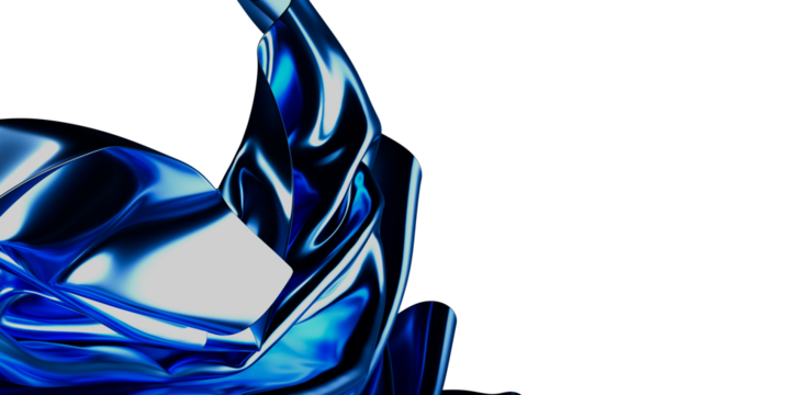 Abstract 3D render of flowing blue silk fabric against a clean white background. Ideal for use as a background or design element. Evokes eleganc