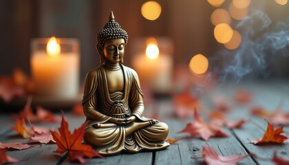 Fototapeta premium Serene Buddha statue surrounded by glowing candles and autumn leaves