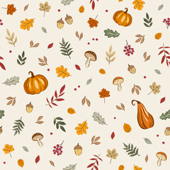 Vector illustration. Autumn seamless pattern. Cozy fall season. Leaves, Pumpkins, Acorns, Mushrooms. Fabric design