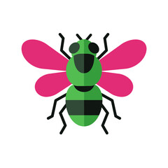 A vibrant, stylized illustration of a bee with green body and pink wings, isolated on white.