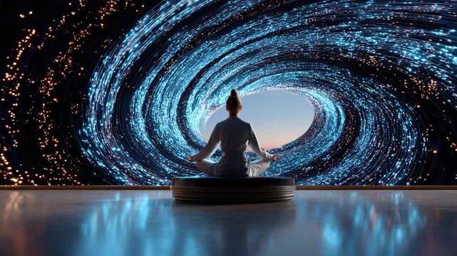 Meditation in the Cosmos: A serene figure finds inner peace in the face of the boundless universe, embracing introspection with the backdrop of the cosmos. 