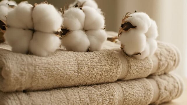 Beige Towels with Fluffy Cotton Blossoms - Close-up shot showcasing a stack of soft beige towels adorned with delicate cotton blossoms.