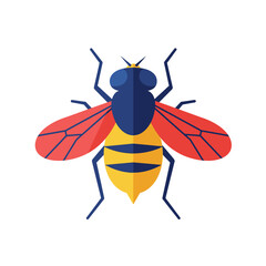 Stylized vector illustration of a bee with blue head, yellow and black striped abdomen, and red wings, isolated on white.