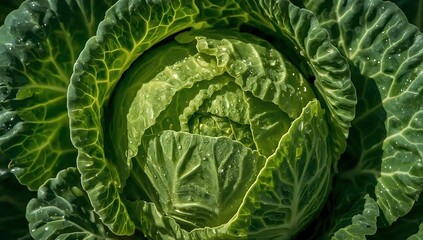 Obraz premium Closeup of a fresh, green cabbage with water droplets