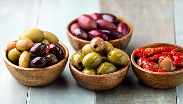 pickled large olives in wooden bowls top row whole green olives with pit pitted and purple kalamata olives with pit bottom row green olives stuffed with almonds garlic and with red sweet pepper - Powered by Adobe