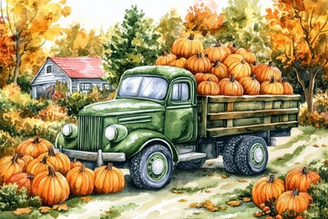 Watercolor autumn scene with vintage green truck loaded with pumpkins on rural farm.