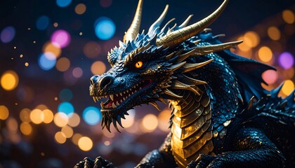 Dragon Portrait with Golden Horns and Fiery Eyes Against Bokeh Lights