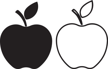 a black silhouette of an apple with a leaf on a white background apple, black, icon, illustration,