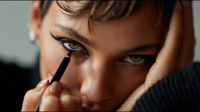 Makeup tutorial featuring bold eyeliner application in a modern studio setting