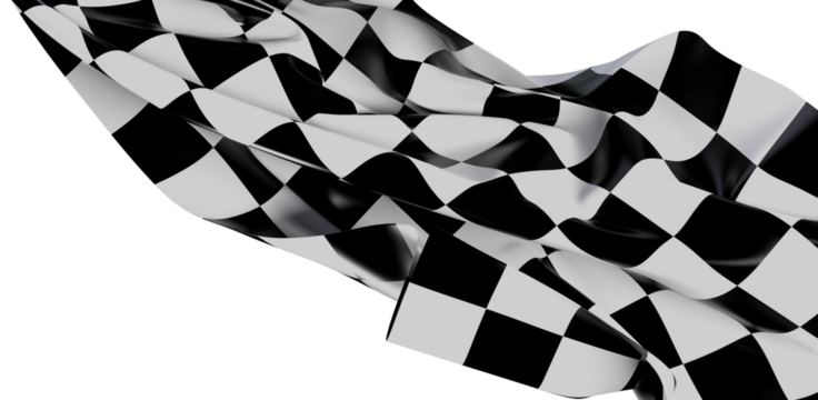 A 3D rendered image of a waving checkered racing flag against a clean white background, perfect for motorsports themes and speed concepts.