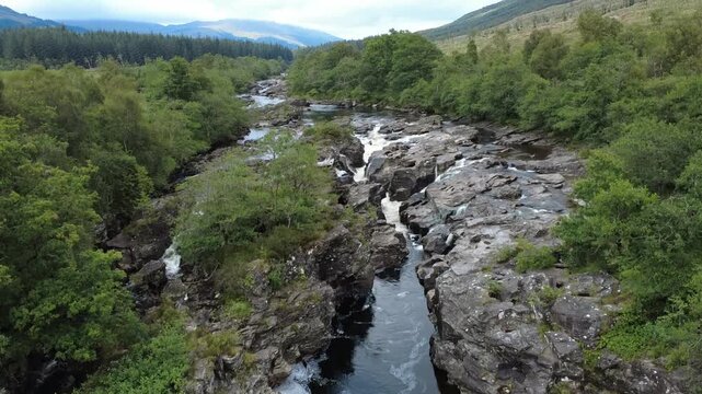 Eas Urchaidh Waterfalls on the River Orchy, Glen Orchy, Argyll and Bute, Scotland, UK
