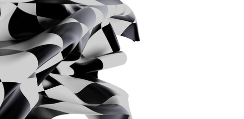 Elegant 3D rendering of a checkered flag blowing in the wind. Dynamic abstract design of black and white squares. Perfect for backgrounds and de