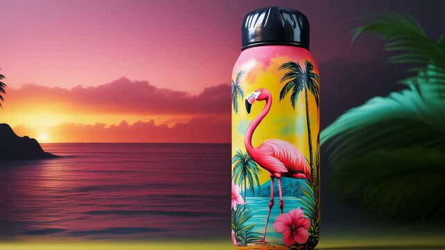 Tropical Flamingo Tumbler Showcase with Dynamic Backgrounds, Vibrant Colors, and Island Paradise,