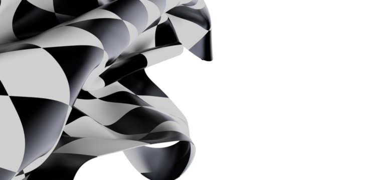 Abstract image of a checkered racing flag waving in the wind. Black and white checks with shadows, representing racing, competition, speed, and