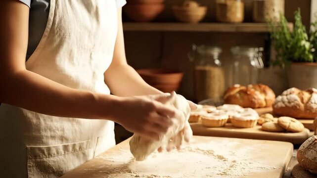 A baker in an apron kneads dough on the table, carefully molding the dough. In the kitchen, loaves and baked goods surround the baker next to the apron and dough.