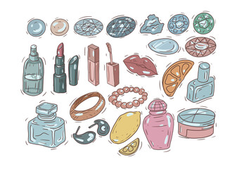 Perfume fashion and cosmetics hand-drawn watercolor illustration gemstones luxury fashion lipstick and mascara jewelry and bracelets earrings