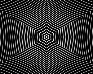 Hypnotic geometric line pattern with six-pointed star symmetry on a black background, creating an intense, modern optical illusion