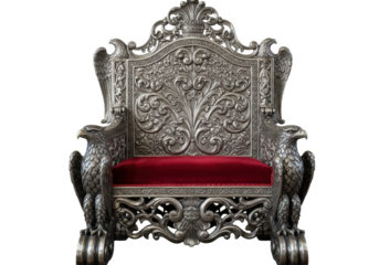 Isolated throne with eagle statues, silver finish, red seat cushion for formal events