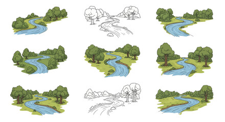 Set of hand drawn river landscape illustrations color and line art.