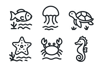 Fototapeta premium Simple outline symbols of underwater animals and aquatic life collection