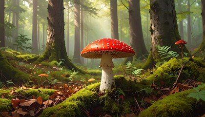 Stunning image of a red mushroom in a lush green forest with sunlight streaming through