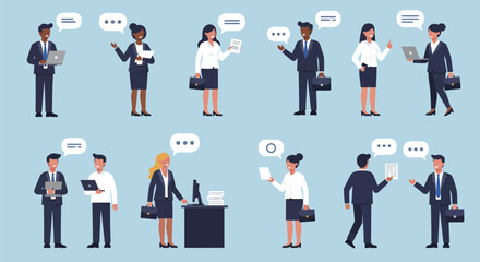 Diverse group of business professionals in suits, communicating with speech bubbles, holding laptops, briefcases, and documents against a light blue background.