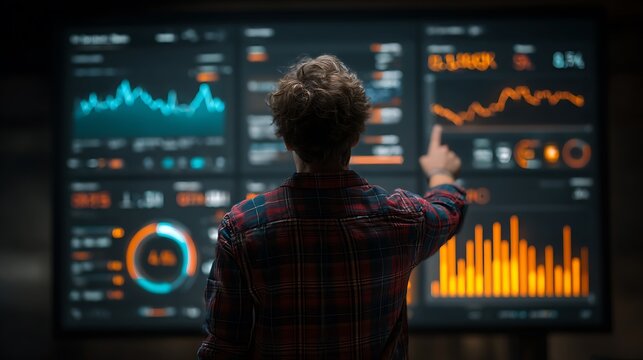 Person interacting with a large digital display showing complex financial data and analytics