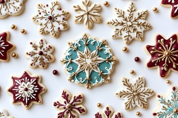 Decorative Christmas cookies with gold and burgundy royal icing designs on white background.