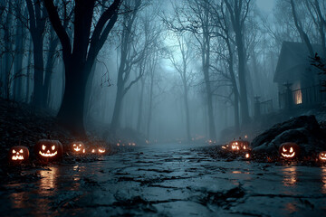 A road in the night fog. A creepy place. An abandoned mystical cemetery. Dim light, candles, moonlight
