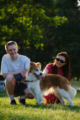 Happy couple petting their dog on the grass in the park at golden hour. Love, joy, and pets outdoors concept