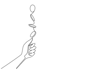 Continuous one line drawing coin flip from hand with coin flip step effect. Draw the fortunes like a referee draws for a penalty kick. Flip a Coin Day. Single line draw design vector illustration