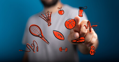 Person interacts with fitness icons,healthy habits, sports, wellbeing, active lifestyle, exercise, training, goals.